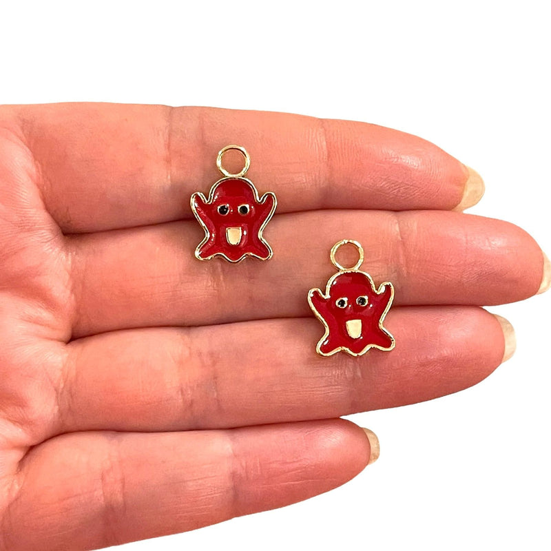 24 Karat vergoldetes rot emailliertes Casper-Charm, vergoldete Geister-Charms, 2 Stück in einer Packung