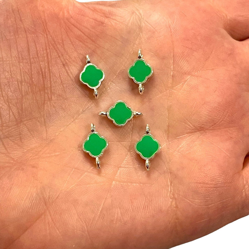 Silver Plated Neon Green Enamelled Clover Connector Charms,