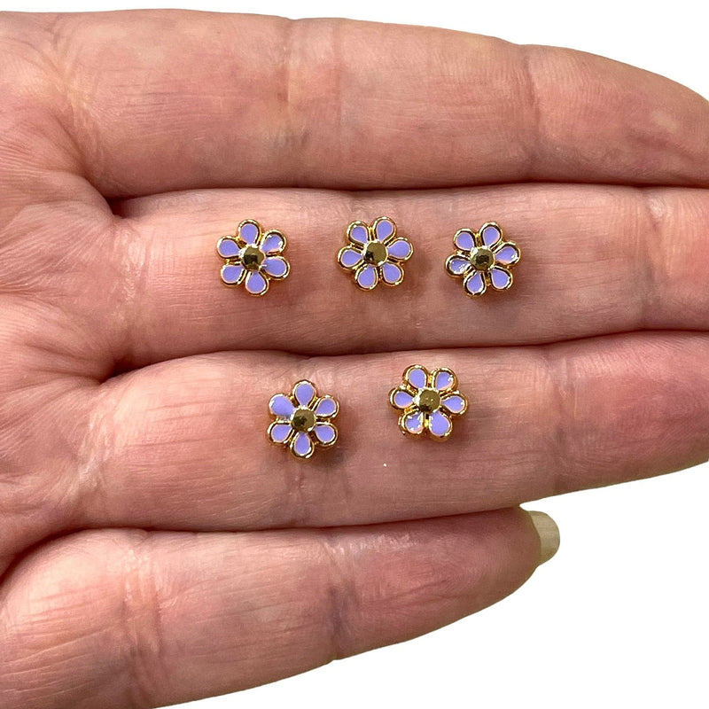 24Kt Gold Plated Double Side Lilac Enamelled Daisy Charms, 5 pcs in a pack