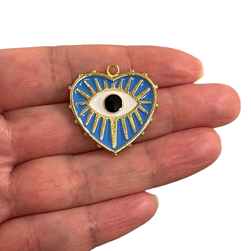 24Kt Shiny Gold Plated Brass Heart Pendant, Gold Heart Blue Enamelled Pendant With Eye