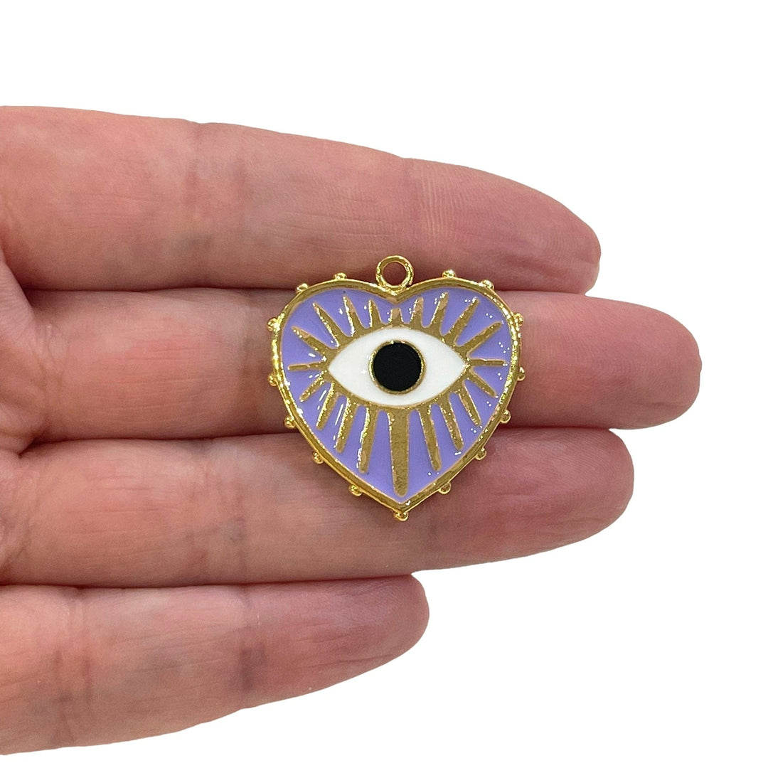 24Kt Shiny Gold Plated Brass Heart Pendant, Gold Heart Lilac Enamelled Pendant With Eye