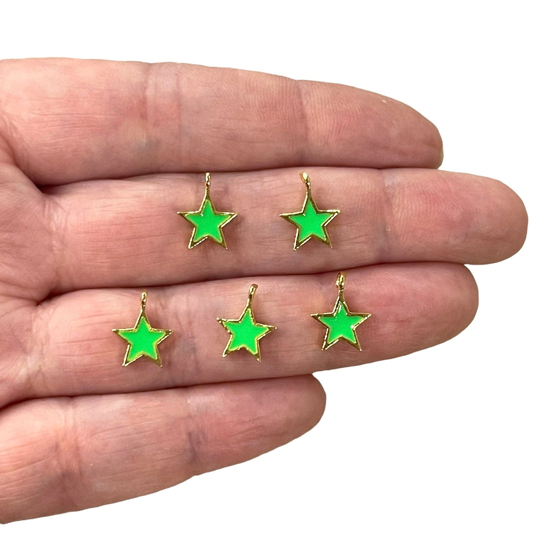24Kt Gold Plated Neon Green Enamelled Star Charms, 5 Pcs in a Pack