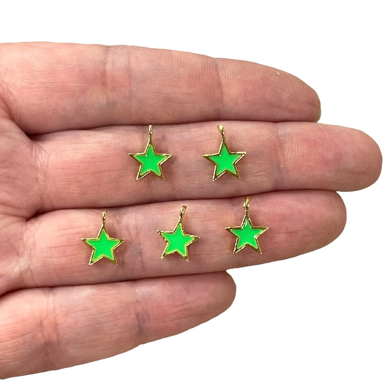 24Kt Gold Plated Neon Green Enamelled Star Charms, 5 Pcs in a Pack
