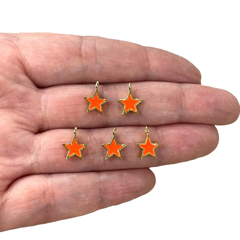 24Kt Gold Plated Neon Orange Enamelled Star Charms, 5 Pcs in a Pack