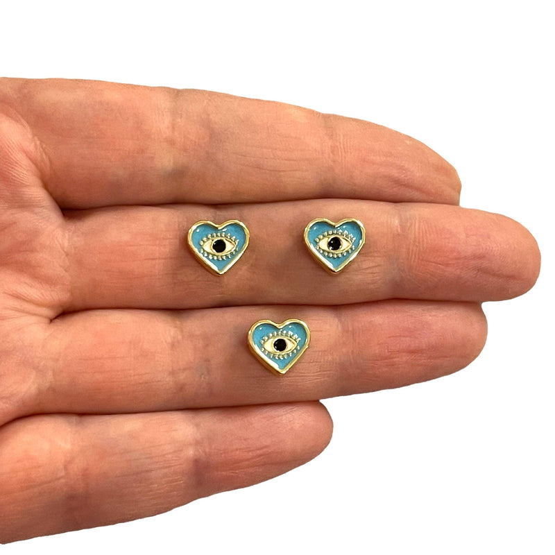 24Kt Gold Plated Double-Sided Blue&Eye Enamelled Heart Spacer Charms with Horizontal Hole