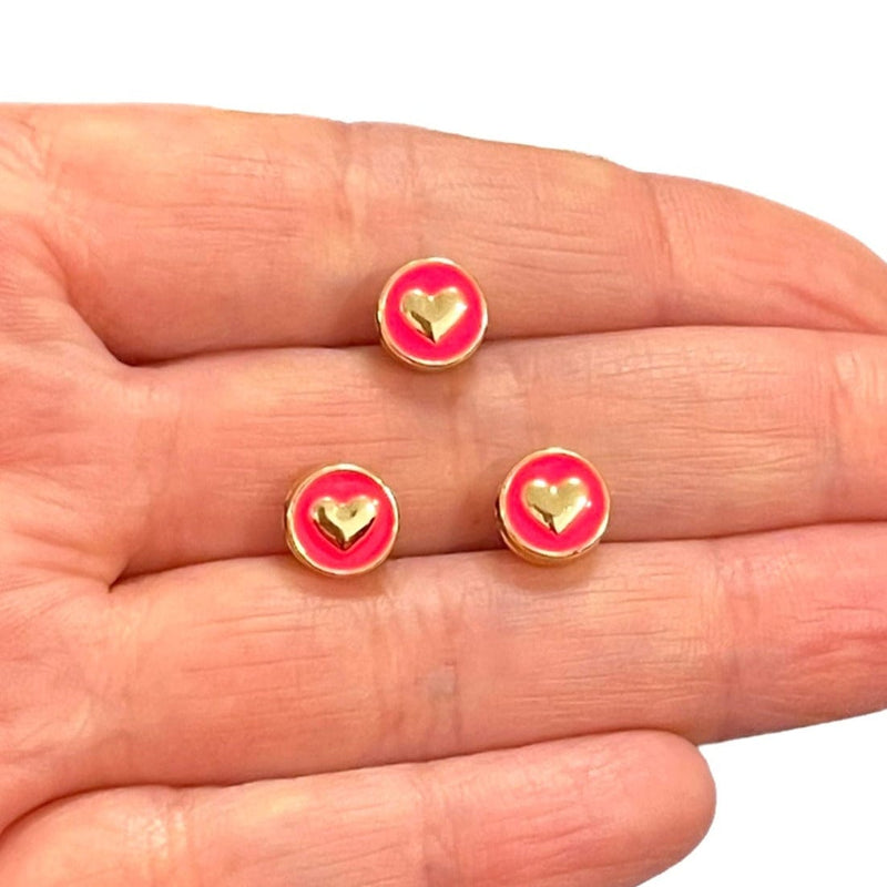 24Kt Gold Plated Double-Sided Neon Pink Enamelled Heart Spacer Charms, 3 pcs in a pack, With Horizontal Hole
