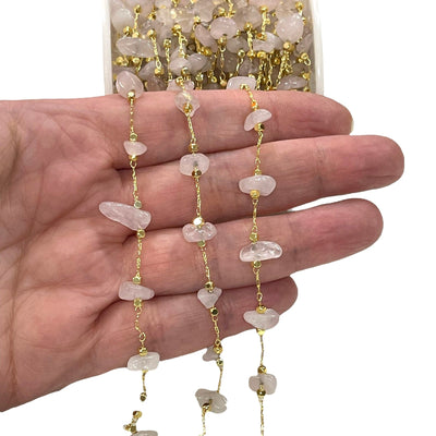 Rose Quartz Rosary Chain, 24Kt Gold Plated Gemstone Chain,