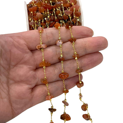 Carnelian Agate Rosary Chain, 24Kt Gold Plated Gemstone Chain,