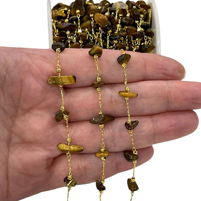 Tiger Eye Rosary Chain, 24Kt Gold Plated Gemstone Chain,