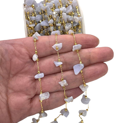 Blue Chalcedony Rosary Chain, 24Kt Gold Plated Gemstone Chain,
