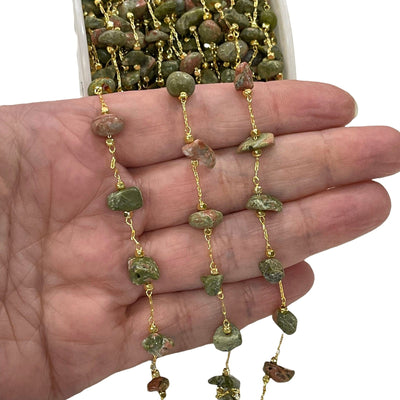 Chaîne de chapelet de jaspe Unakite, chaîne de pierres précieuses plaquées or 24 carats,