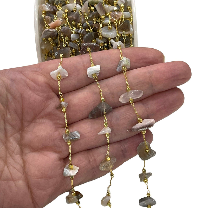 Chaîne de chapelet en agate, chaîne de pierres précieuses plaquées or 24 carats,