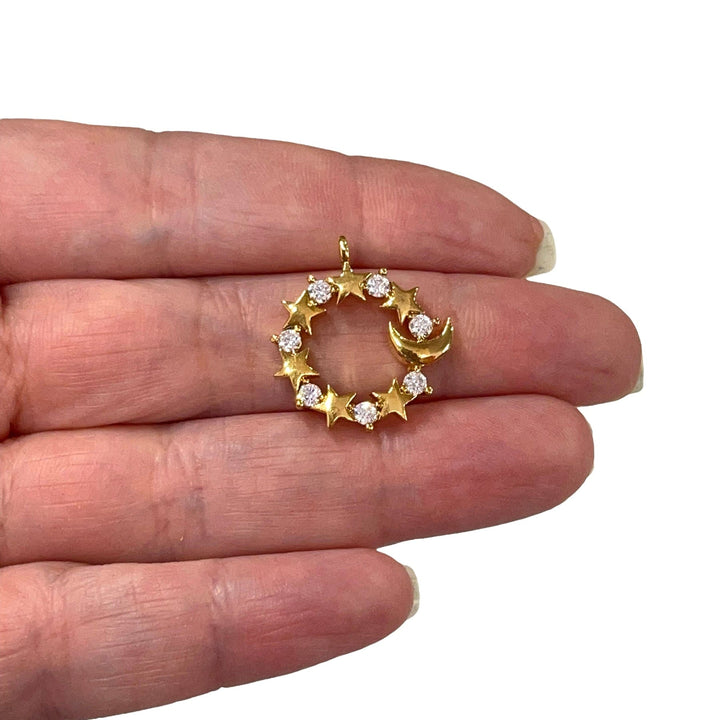 24Kt Gold Plated CZ Micro Pave Moon&amp;Stars Charm