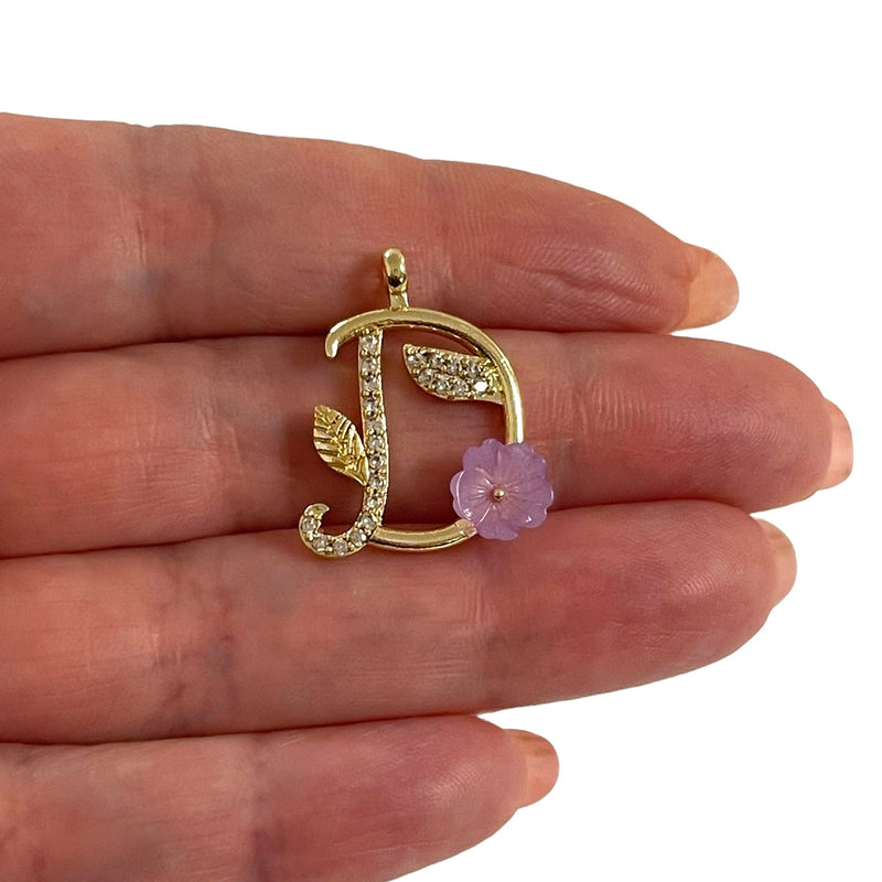 24Kt Gold Plated CZ Micro Pave Initial Pendant With Lilac Flower