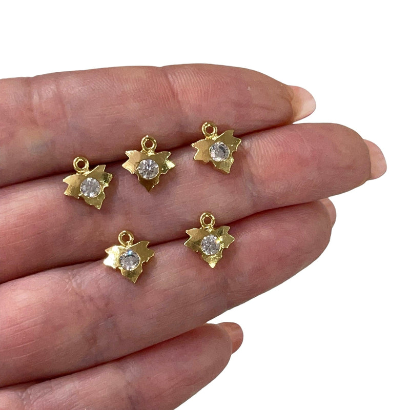 24Kt Shiny Gold Plated Leaf with Cubic Zirconia Charms, 5 Pcs in a Pack