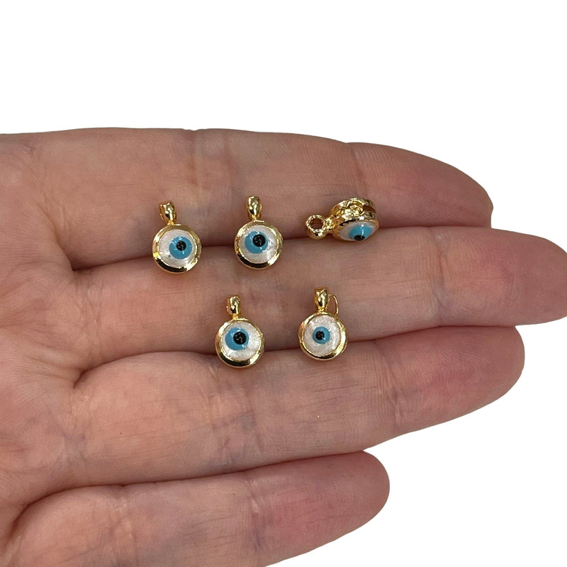 24Kt Gold Plated Double Side Ivory Enamelled Evil Eye Charms, 5 pcs in a pack