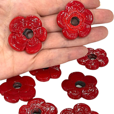Artisan Handmade Chunky Red Glass Flower Beads, Größe zwischen 35 - 40 mm, 2 Stück in einer Packung