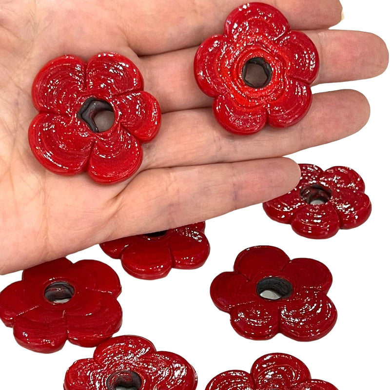 Artisan Handmade Chunky Red Glass Flower Beads, Größe zwischen 35 - 40 mm, 2 Stück in einer Packung