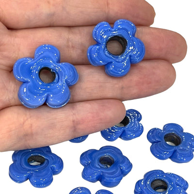 Artisan Handmade Chunky Agate Blue Glass Flower Beads, Size Between 20 - 25mm, 2 pcs in a pack