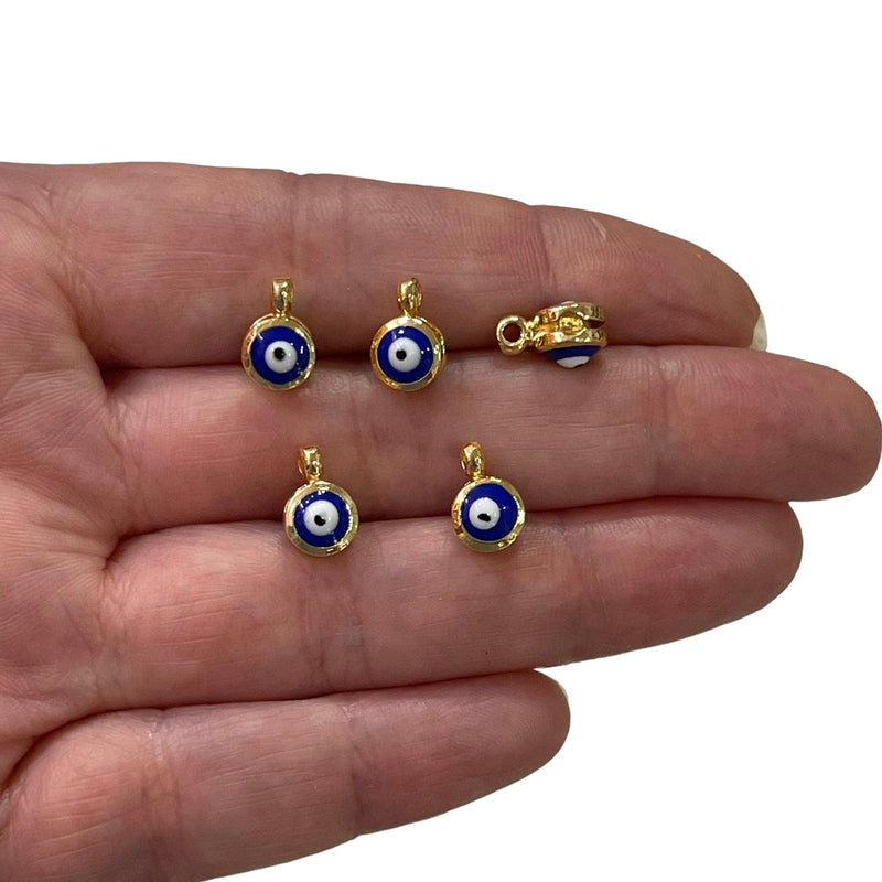 24Kt Gold Plated Double Side Royal Blue Enamelled Evil Eye Charms, 5 pcs in a pack