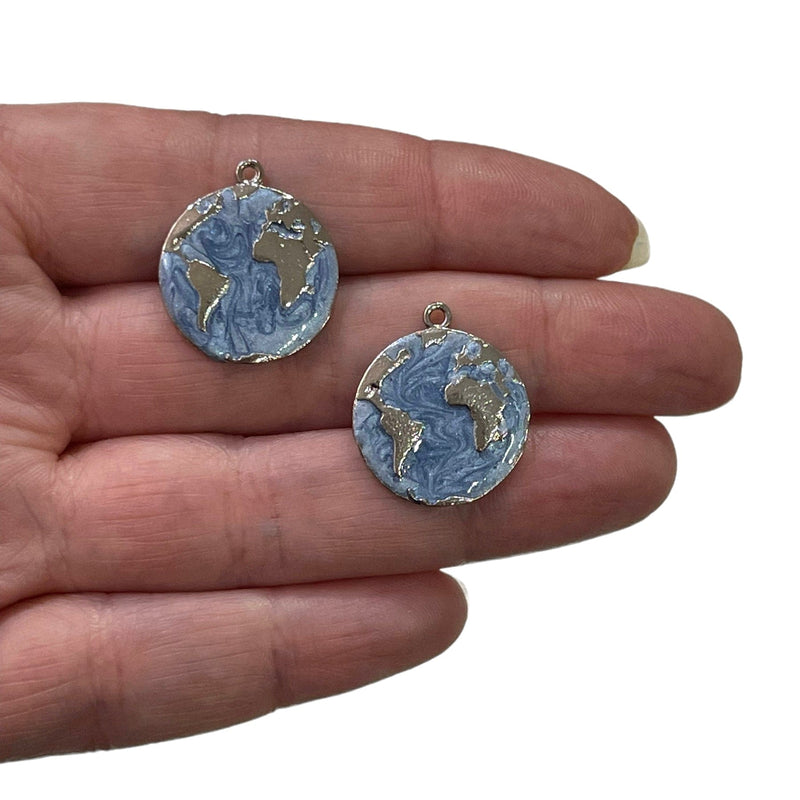 Breloques de carte du monde plaqué rhodium, breloques planète terre rhodium, 2 pièces dans un paquet
