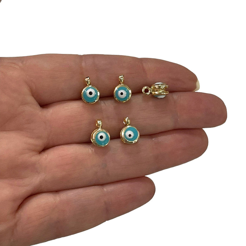 24Kt Gold Plated Double Side Turquoise Enamelled Evil Eye Charms, 5 pcs in a pack