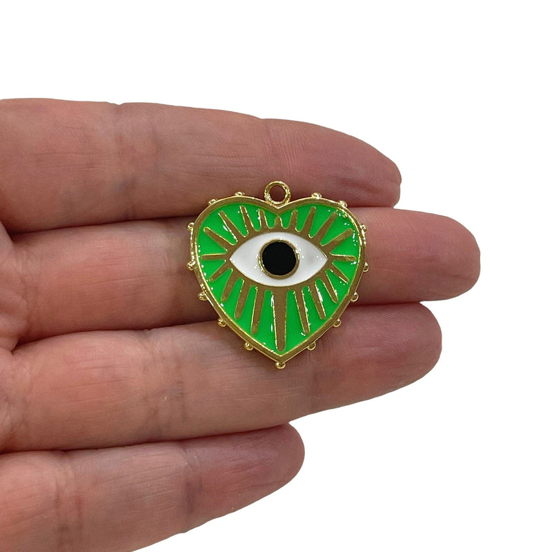 24Kt Shiny Gold Plated Brass Heart Pendant, Gold Heart Neon Green Enamelled Pendant With Eye