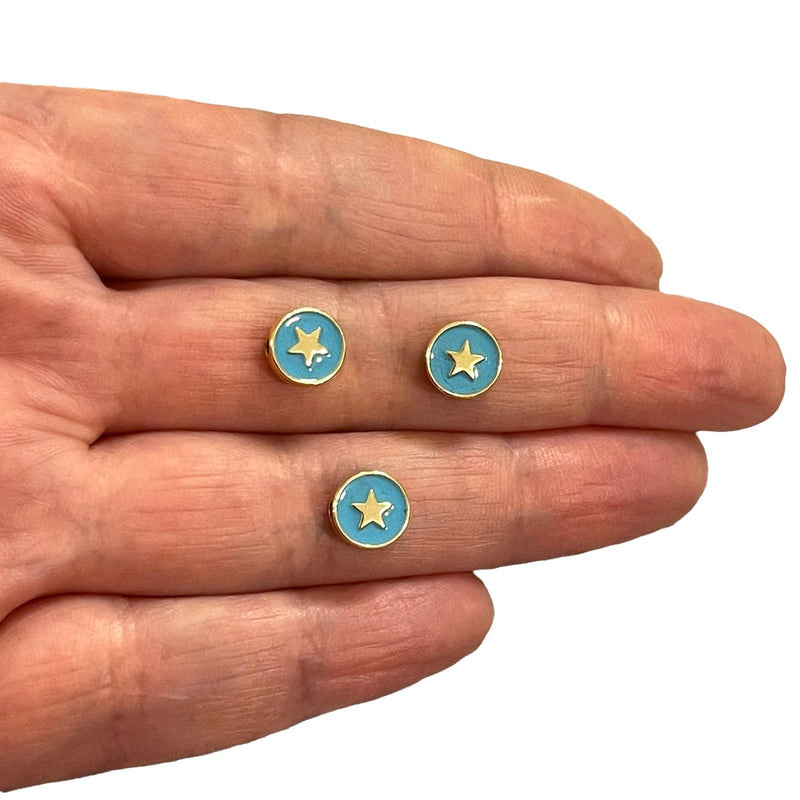 24 Karat vergoldete, doppelseitig blau emaillierte Stern-Zwischenring-Charms, 3 Stück in einer Packung