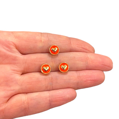 24Kt Gold Plated Double-Sided Neon Orange Enamelled Heart Spacer Charms, 3 pcs in a pack, With Horizontal Hole