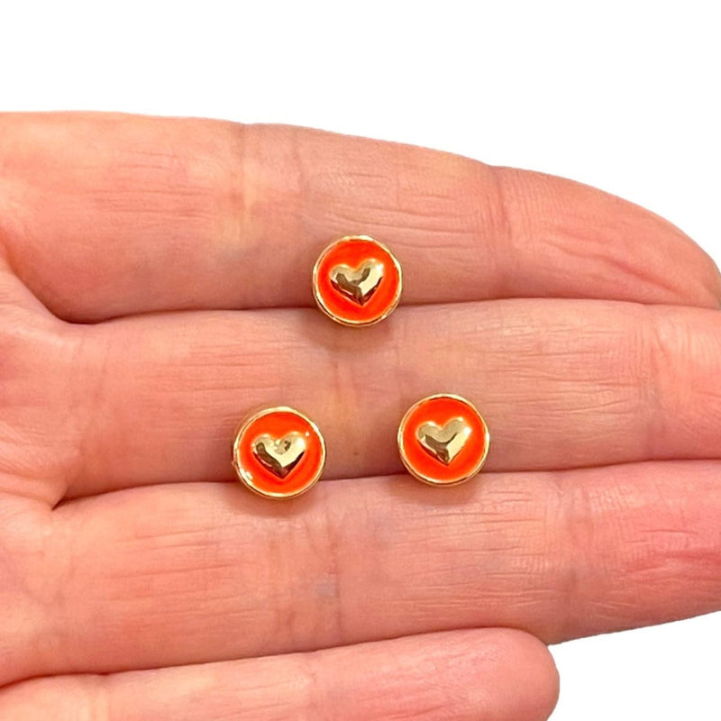 24Kt Gold Plated Double-Sided Neon Orange Enamelled Heart Spacer Charms, 3 pcs in a pack, With Horizontal Hole