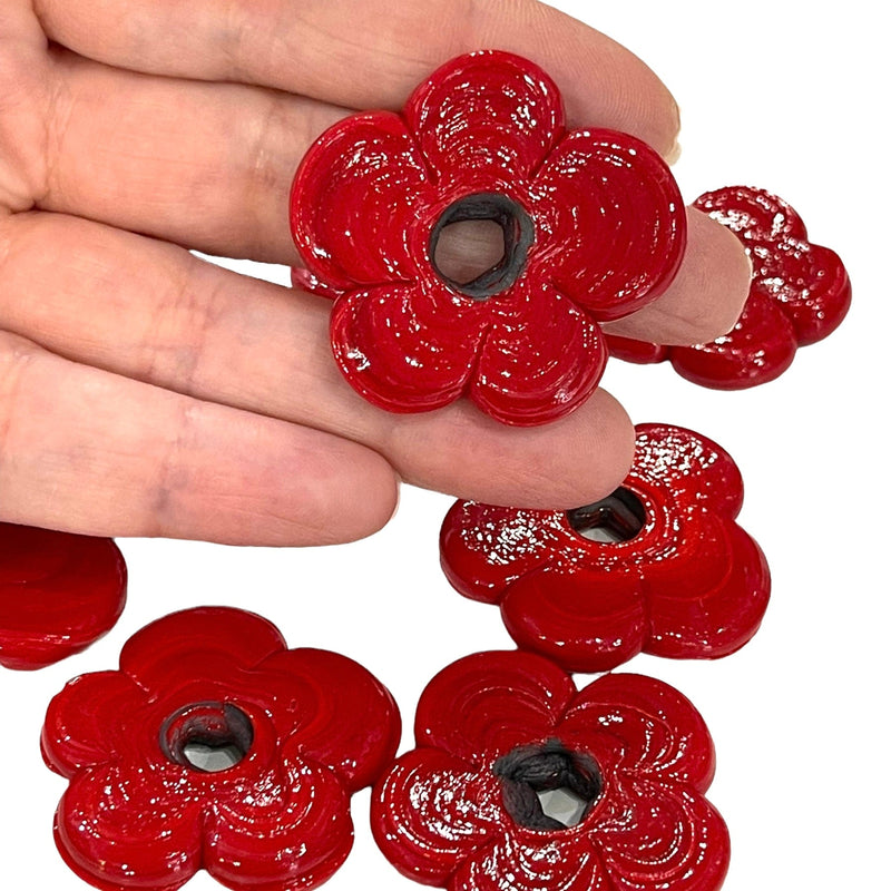 Artisan Handmade Chunky Red Glass Flower Beads, Größe zwischen 35 - 40 mm, 2 Stück in einer Packung