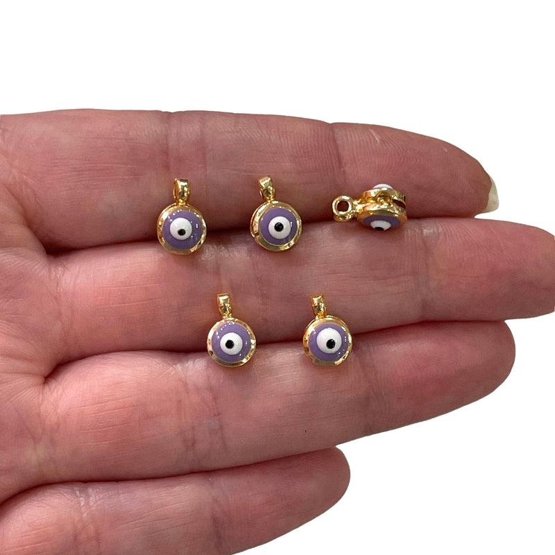 24Kt Gold Plated Double Side Lilac Enamelled Evil Eye Charms, 5 pcs in a pack