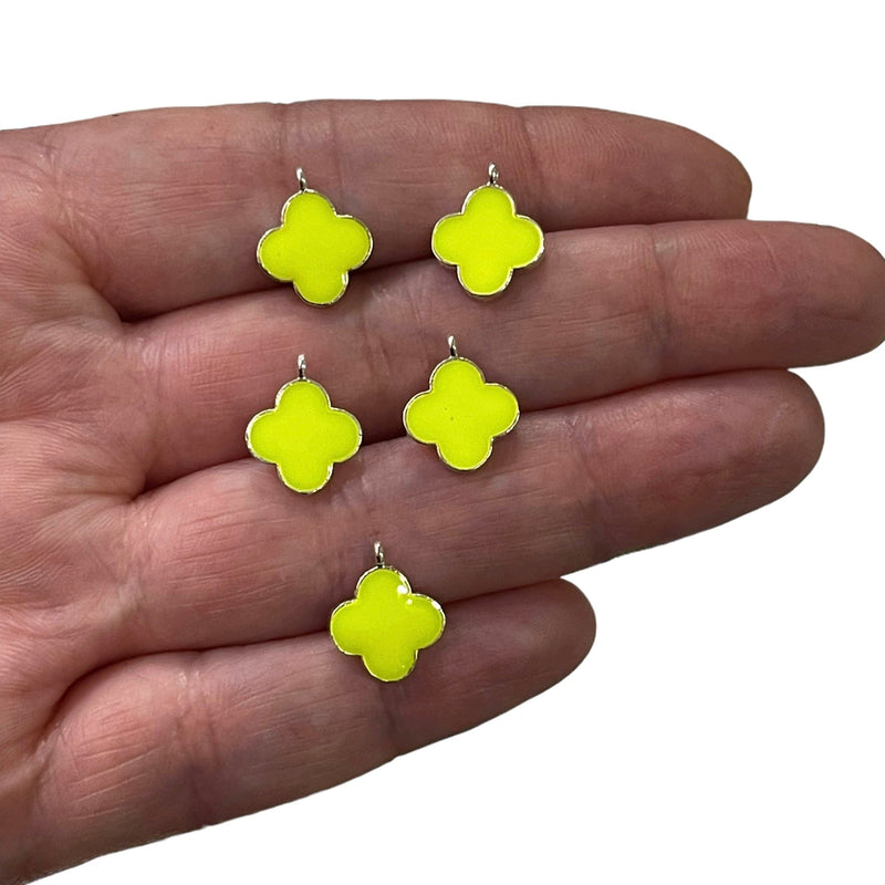 Silver Plated Neon Yellow Enamelled Clover Charms, 5 pcs in a Pack