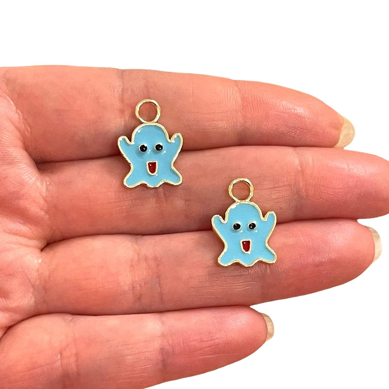 24 Karat vergoldeter himmelblauer emaillierter Casper-Charm, vergoldeter Geister-Charms, 2 Stück in einer Packung