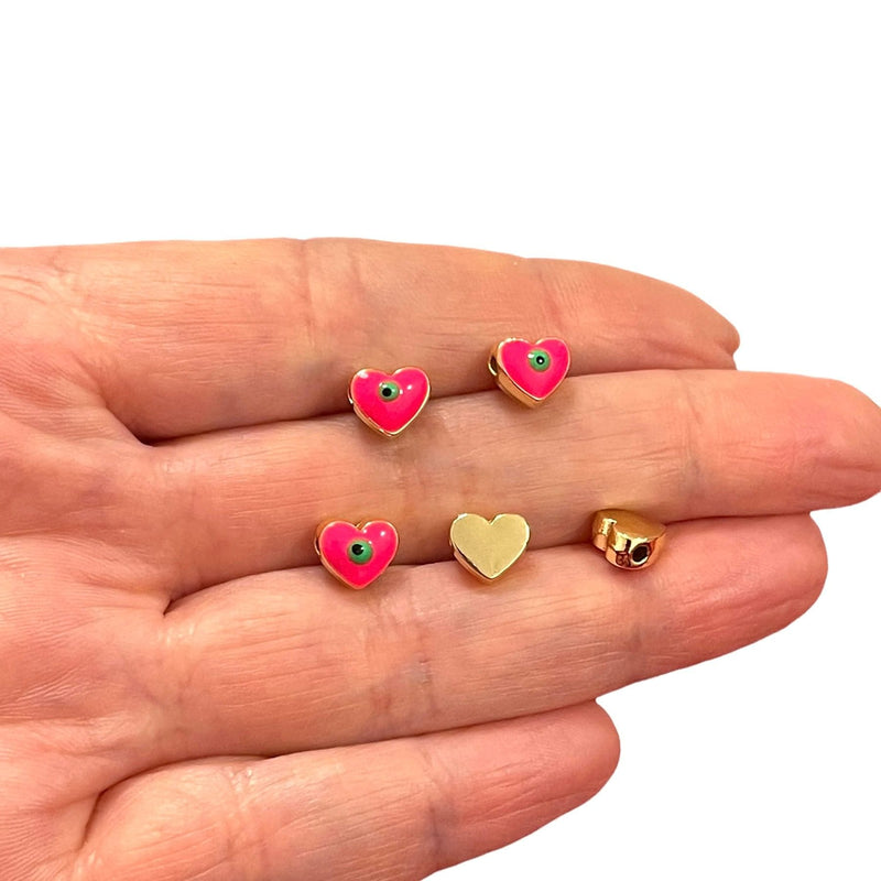 8mm 24Kt Gold Plated Neon Pink Evil Eye Enamelled Heart Spacers, 5 Pcs in a pack