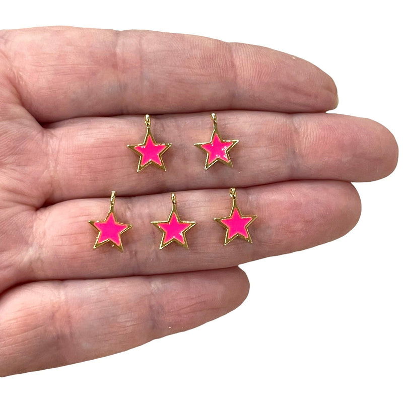 24Kt Gold Plated Neon Pink Enamelled Star Charms, 5 Pcs in a Pack