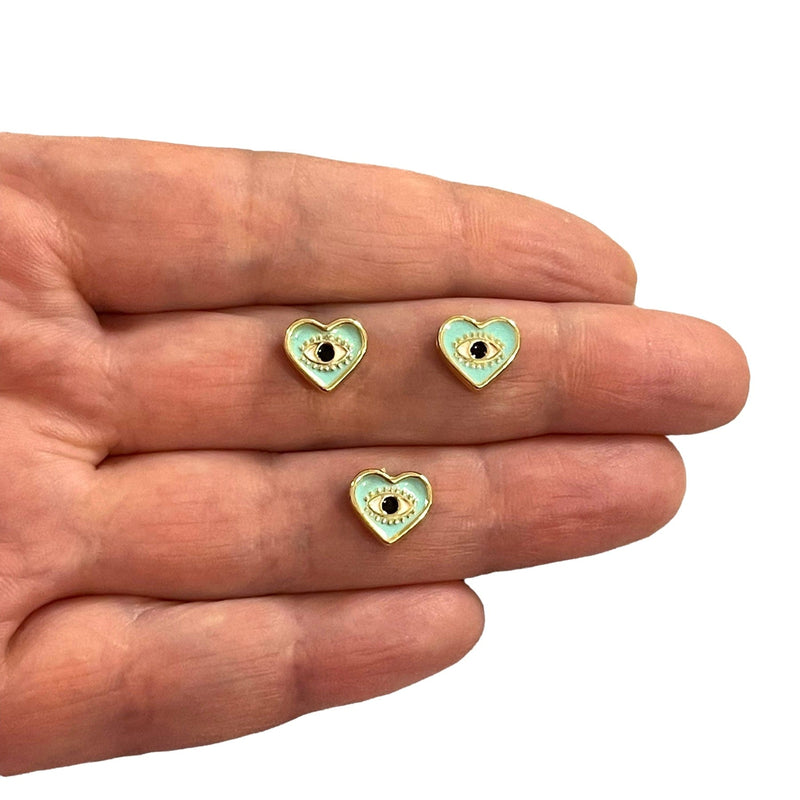 24Kt Gold Plated Double-Sided Mint&Eye Enamelled Heart Spacer Charms with Horizontal Hole
