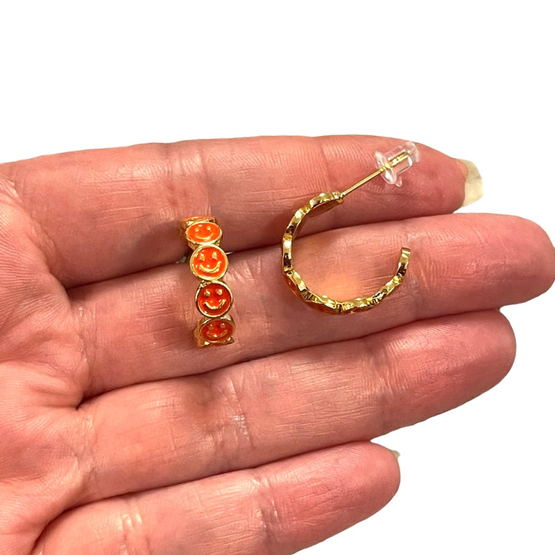 24Kt Gold Plated Neon Orange Enamelled Smiley Face Earrings