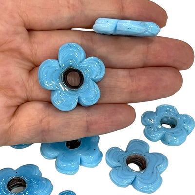 Artisan Handmade Chunky Blue Glass Flower Beads, Size Between 25 - 30mm, 2 pcs in a pack