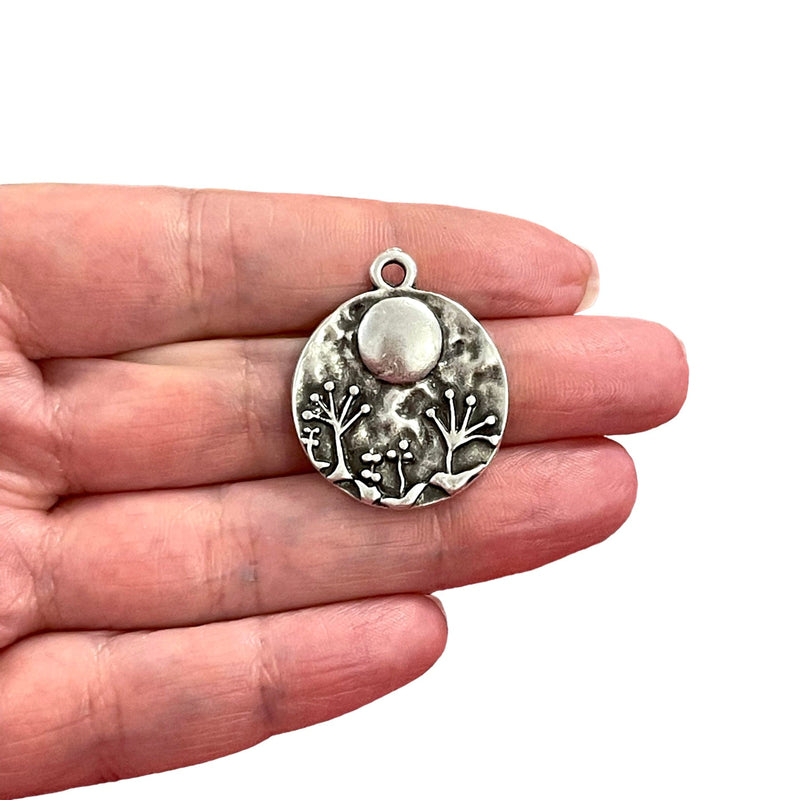 Antique Silver Plated Full Moon and Trees Charm, Silver Moon and Trees Charm