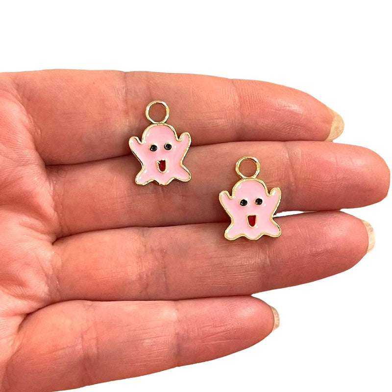 24Kt Gold Plated Pink Enamelled Casper Charm, Gold Plated Ghost Charms, 2 Pcs in a pack