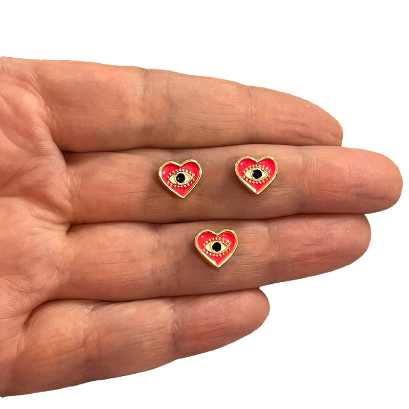 24Kt Gold Plated Double-Sided Neon Pink&Eye Enamelled Heart Spacer Charms with Horizontal Hole
