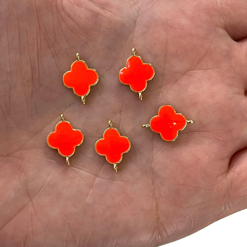 24Kt Gold Plated Neon Orange Enamelled Clover Connector Double Loop Charms, 5 pcs in a Pack