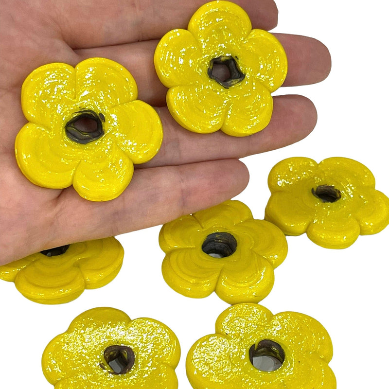 Artisan Handmade Chunky Yellow Glass Flower Beads, Size Between 35 - 40mm, 2 pcs in a pack