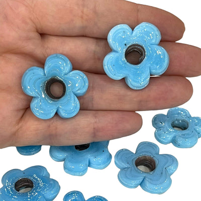 Artisan Handmade Chunky Blue Glass Flower Beads, Size Between 25 - 30mm, 2 pcs in a pack