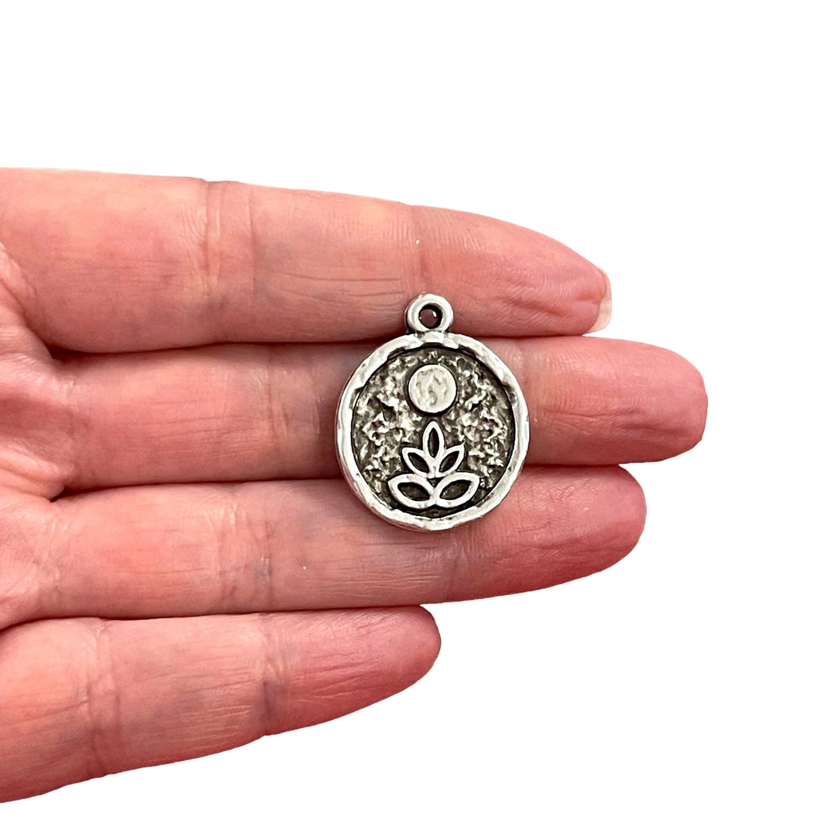 Antique Silver Plated Lotus Flower and Moon Charms, Silver Lotus Flower and Moon Charms, 2 pcs in a pack