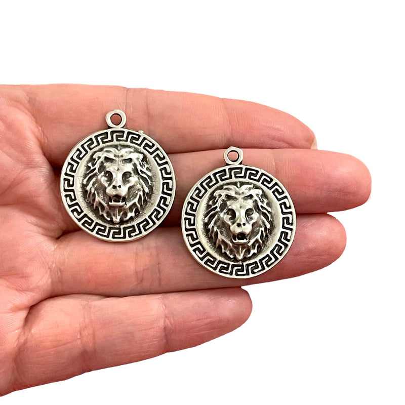 Antique Silver Plated Lion Head Pendants, Ancient Greek Mythology Lion Head Pendants, 2 pcs in a pack