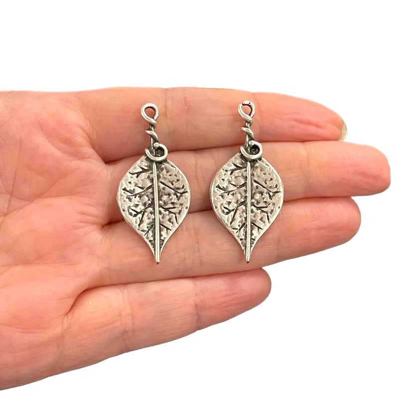 Antique Silver Plated Leaf Charms, 2 pcs in a pack