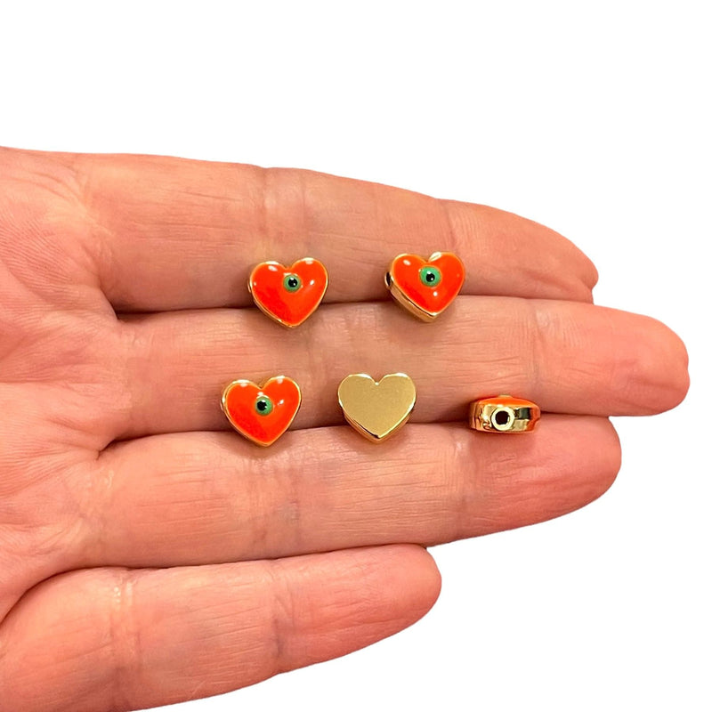 10mm 24Kt Gold Plated Neon Orange Evil Eye Enamelled Heart Spacers, 5 Pcs in a pack