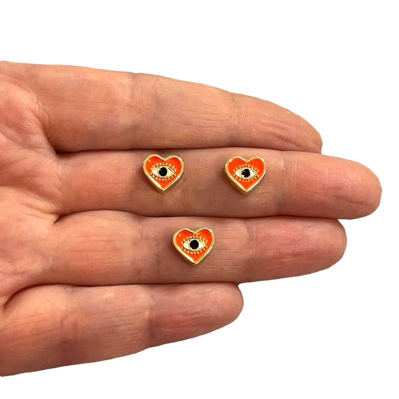 24Kt Gold Plated Double-Sided Neon Orange&Eye Enamelled Heart Spacer Charms with Horizontal Hole